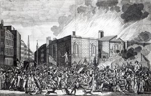 Una representación exacta del incendio, saqueo y destrucción de Newgate por los alborotadores el memorable 7 de junio de 1780, grabado por Henry Roberts, 1781 de Jefferyes Hammett O