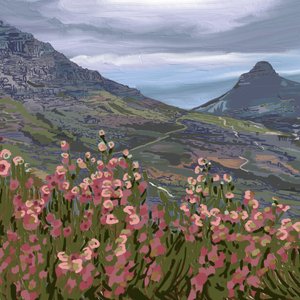 Vistas a la montaña con flores rosas