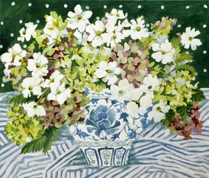 Cosmos y hortensias en un jarrón chino, 2013 (acrílico sobre lienzo)
