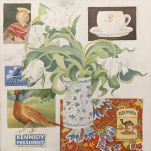 Efemérides, entre ellas taza de café, paquetes de cigarrillos; tarjeta postal y tulipanes de Jennifer Abbott