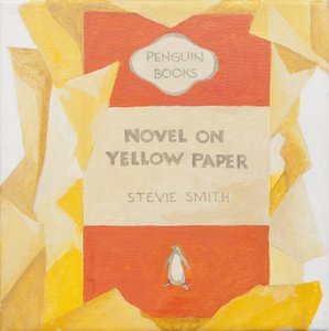 Portada de libro Penguin. Novela sobre papel amarillo (acrílico) de Jennifer Abbott