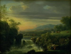 Paisaje montañoso con una cascada. Amanecer de Jens Juel