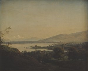 Vista a través del lago Lemán hacia Mont Blanc y Ginebra de Jens Juel