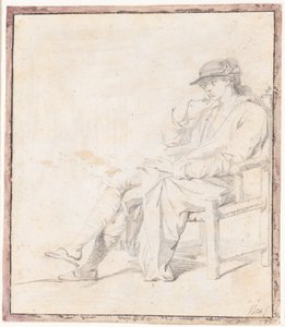 Un joven con sombrero y bata. Figura completa sentada, mirando hacia la izquierda de Jens Juel