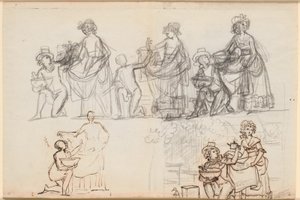 Diferentes bocetos para una escena de la obra de teatro "Chinafarene" de P.A. Heiberg