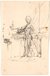 Boceto de composición para retrato de cuerpo entero de Federico VI como joven príncipe heredero. De pie junto a una mesa, de frente hacia la izquierda