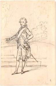 Boceto de composición para retrato de cuerpo entero de Federico VI como joven príncipe heredero. De pie de frente con la mano derecha en el costado y la izquierda apoyada en una mesa de Jens Juel
