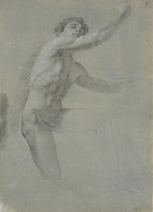 Modelo visto de frente, arrodillado sobre la pierna derecha; no terminado de dibujar