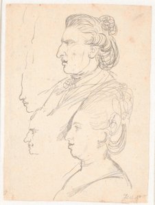 Retratos de perfil de la reina Caroline Mathilde, J.F. Struensee y Enevold Brandt, y un boceto, posiblemente de Juel mismo. Todos en perfil hacia la izquierda de Jens Juel