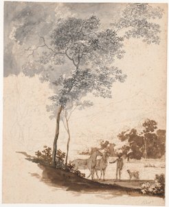 Paisaje suizo con un caballero sosteniendo dos caballos y un par de perros; estudio para el retrato de Jean-Armand Tronchin de Jens Juel