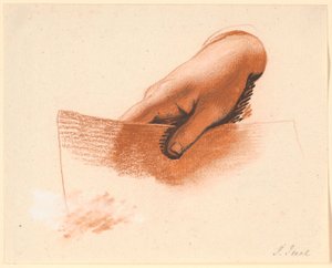 Estudio de la mano derecha de un hombre, sosteniendo un trozo de papel; estudio para el retrato familiar de Anker