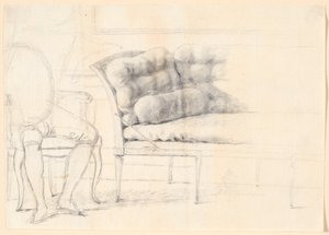 Estudio para el retrato familiar de Holmskiold de 1787: el sofá acolchado, y a la izquierda una silla con la figura de Holmskiold esbozada de Jens Juel