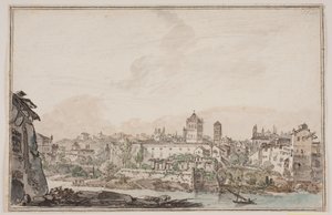 Vista de la ciudad con casas e iglesia junto al río. Roma antigua