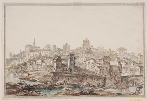 Vista de ciudad con casas e iglesia junto al río. Roma antigua de Jens Petersen Lund