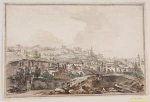 Vista de la ciudad con casas y muro junto al río; en el fondo iglesias y palacios de Jens Petersen Lund
