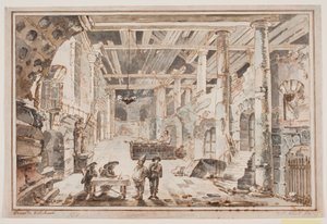 Escena de prisión con Polichinela y un carcelero en una mesa con dos jueces de Jens Petersen Lund