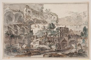Perspectiva con ruinas y casas junto al arroyo