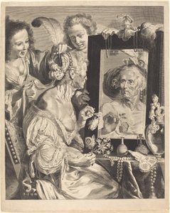 Una anciana en la mesa de tocador de Jeremias Falck after Johann Liss after Bernardo Strozzi