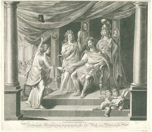 Alegoría sobre la Asamblea Nacional, 1796 Impresión artística simbólica en la Asamblea Nacional que representa al pueblo de los Países Bajos (título sobre el objeto)