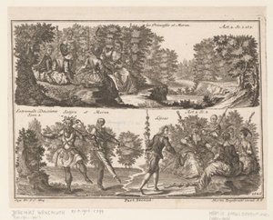 Dos escenas de teatro con figuras en un paisaje boscoso Les Princesses et Moron (título sobre objeto) de Jeremias Wachsmuth