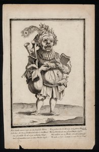 Hombre llevando una gaita y usando un tocado de plumas de pavo real, impresión de vestuario surrealista, c1700 de Jeremias Wolff