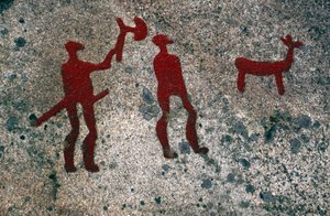 Emboscada, grabado rupestre de la Edad de Bronce, Tanum, Västra Götaland, Suecia