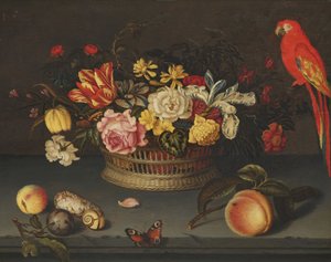 Bodegón con cesta de flores y loro