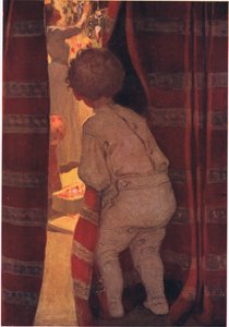 Se arrastró escaleras abajo para echar un vistazo en el salón (litografía en color) de Jessie Willcox Smith