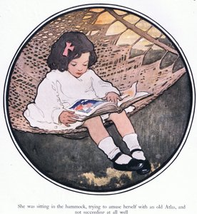 Estaba sentada en la hamaca, intentando entretenerse con un viejo atlas y no lo consiguió del todo bien (litografía en color)