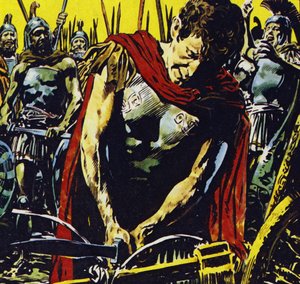 Alejandro rompe el nudo gordiano con su espada (litografía en color) de Jesus Blasco