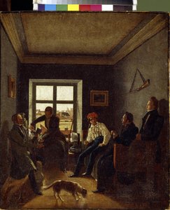 Siete de la tarde (noche literaria). Pintura de Evgraf Fyodorovich Krendovski (1810-después de 1853), óleo sobre lienzo, alrededor de 1820. Arte ruso de Jevgraf Fiodorovitch Krendovsky