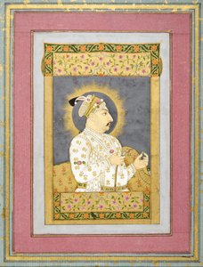 Retrato de Muhammad Shah sosteniendo una esmeralda y la boquilla de una huqqa, c.1730 de Jharokha Nidha Mal