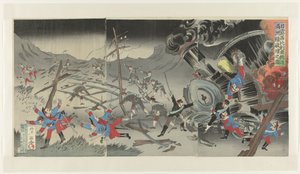 Destrucción del ferrocarril en Manchuria durante la Guerra Ruso-Japonesa Nichiro Shiberia tetsudô Manshûsen hakai no zu (título sobre objeto) de Jinsai Rosetsu