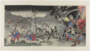 Destrucción del ferrocarril en Manchuria durante la Guerra Ruso-Japonesa Nichiro Shiberia tetsudô Manshûsen hakai no zu (título sobre objeto) de Jinsai Rosetsu