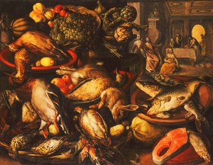 Caza, pescado, frutas y verduras en cestas y cuencos en una despensa de Joachim Beuckelaer