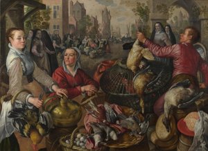Los Cuatro Elementos: Un puesto de aves de corral en una ciudad con el Hijo Pródigo al fondo - una Alegoría del Aire, 1569 de Joachim Beuckelaer