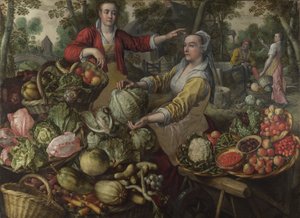 Los Cuatro Elementos: Tierra. Un mercado de frutas y verduras con la huida a Egipto en el fondo de Joachim Beuckelaer