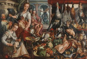 La cocina bien surtida, con Jesús en la casa de Marta y María al fondo