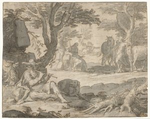 Apolo toca la flauta mientras pastorea el rebaño de Admetus de Joachim Wtewael or Utewael