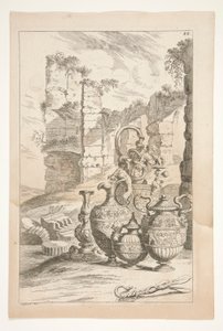 Un candelabro y jarras ornamentales con mango en un paisaje con ruinas, de Sculpturae Veteris Admirata de Joachim von Sandrart