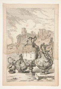 Cuatro jarrones, un jarrón roto, un candelabro roto y un herm en un paisaje con ruinas clásicas de Joachim von Sandrart