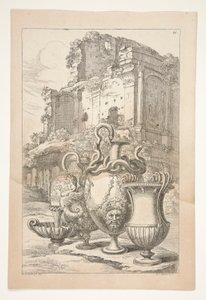Jarrones en un paisaje entre ruinas antiguas de Joachim von Sandrart