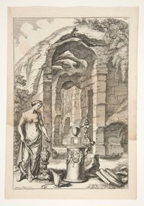Mujer con vestido antiguo con urnas, soportes y ruinas de Joachim von Sandrart