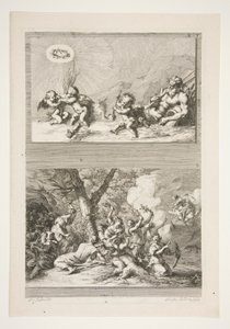 mitad superior: un dios del río y amorcillos jugando con los símbolos de la fama mitad inferior: el castigo de Cupido de Joachim von Sandrart