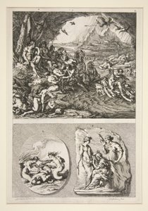 mitad superior: Quos Ego? mitad inferior: Dos relieves antiguos: Las tres Parcas y un sujeto desconocido de Joachim von Sandrart