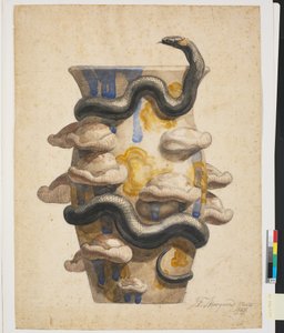 Trabajo preliminar para jarrón decorado con serpiente y hongos en relieve