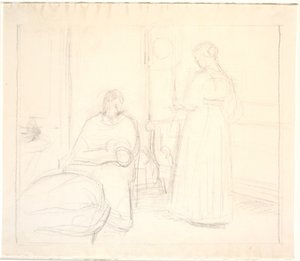 Interior con reloj y mujer sentada y de pie de Joakim Frederik Skovgaard