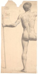 Modelo masculino de pie, visto desde atrás, bastón en la mano izquierda, brazo y pierna derecha cortados de Joakim Frederik Skovgaard