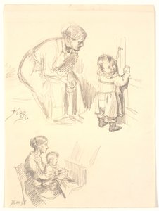 Dos estudios de figuras. Arriba una mujer sentada observando a un niño en una puerta; abajo una mujer con un niño en el piano de Joakim Frederik Skovgaard