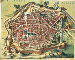 Italia, Mapa de Pesaro, de Theatrum civitatum et admirandorum Italiae por Joan Blaeu, grabado